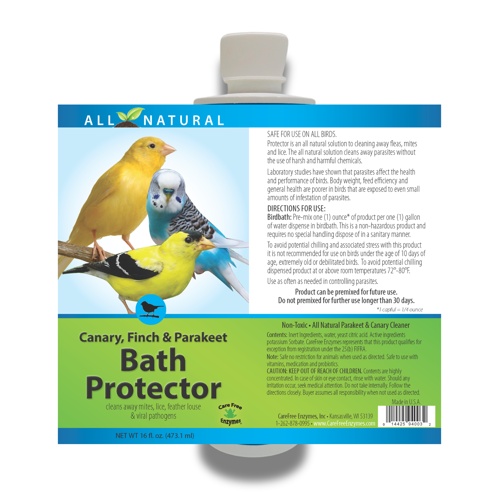 Pet Bird Bath Water Protector | For Canaries, Finches & Parakeets | 16 oz & 33.9 oz