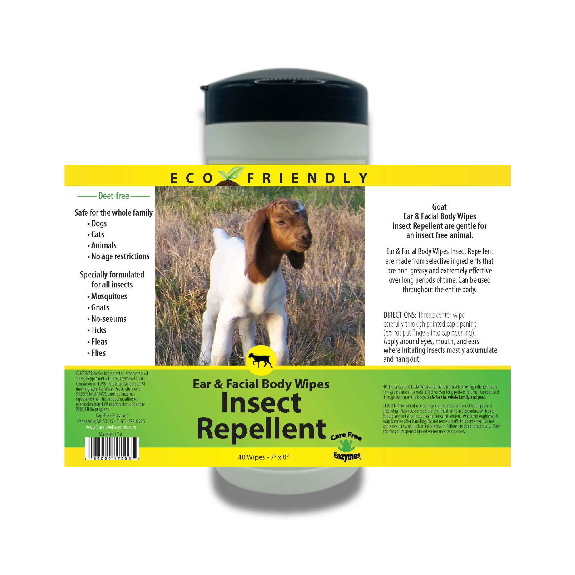 Natural Goat Insect Repellent Wipes for Face & Body | Goat Fly Wipes | 40 Count