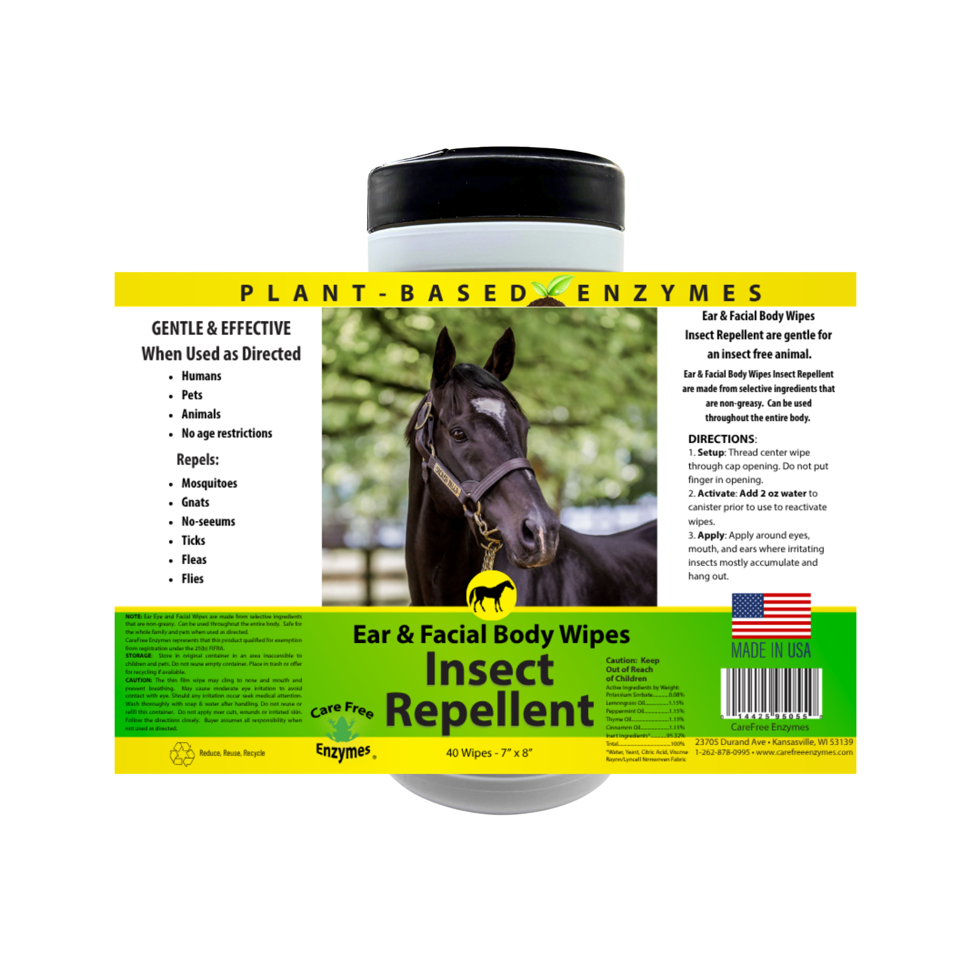 Equine Insect Repellent Wipes for Face & Body | Horse Insect & Fly Wipes | 40 Count