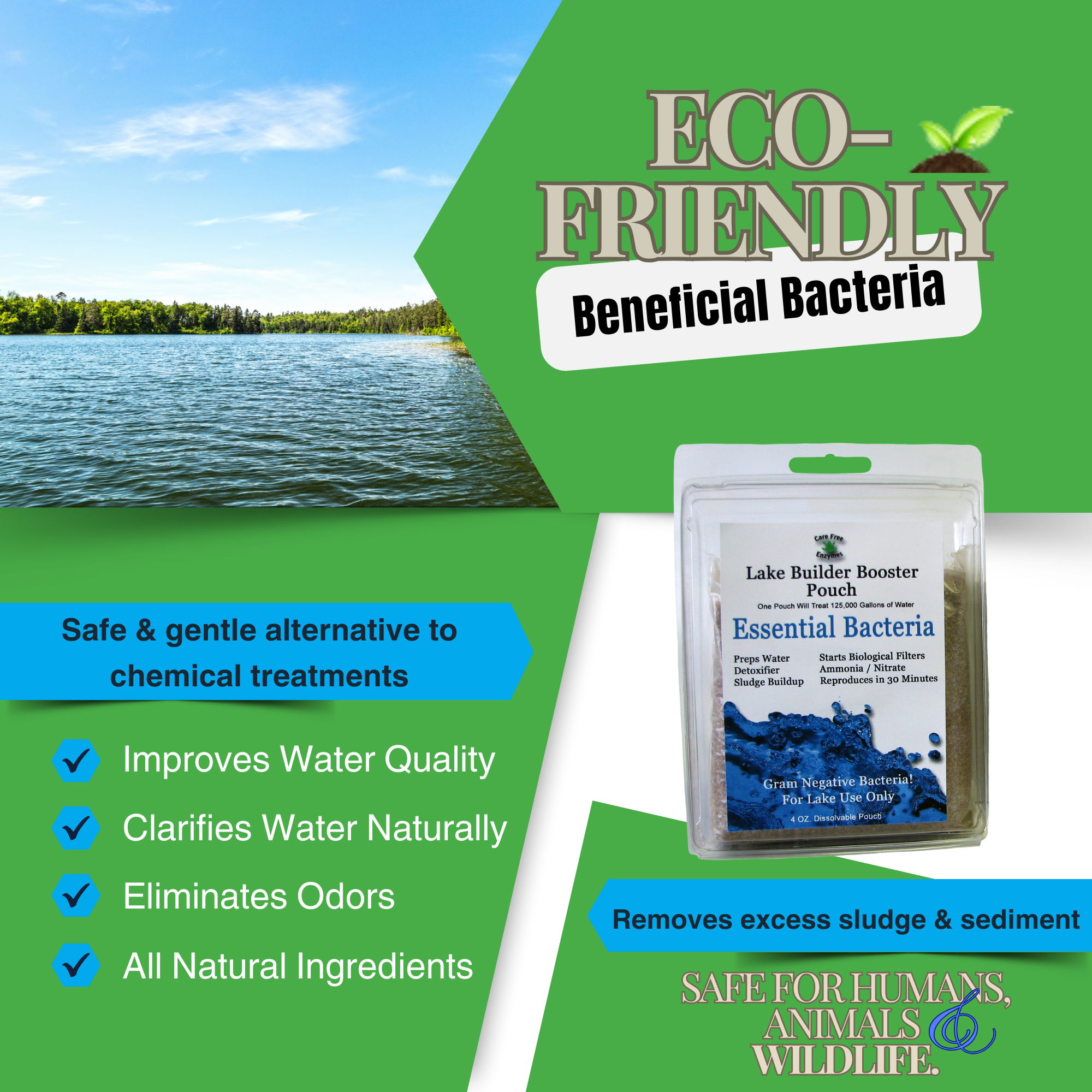Beneficial Bacteria for Large Ponds & Lakes | Reduces Muck & Sludge | Lake Builder Booster Pouch | 4 oz & 8 oz
