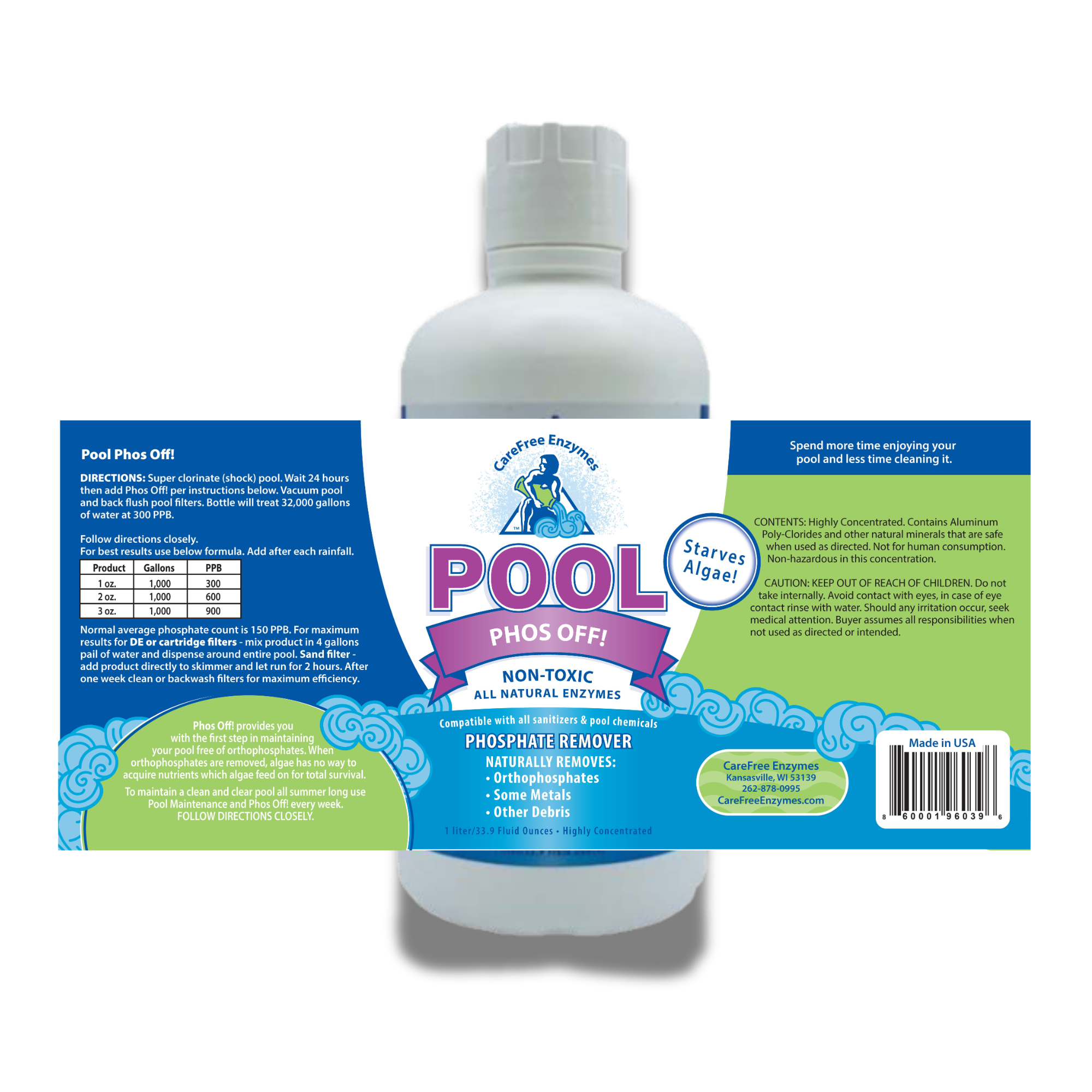Pool Phosphate Remover | Starves Algae & Prevents Growth | Pool Phos Off | 33.9 oz