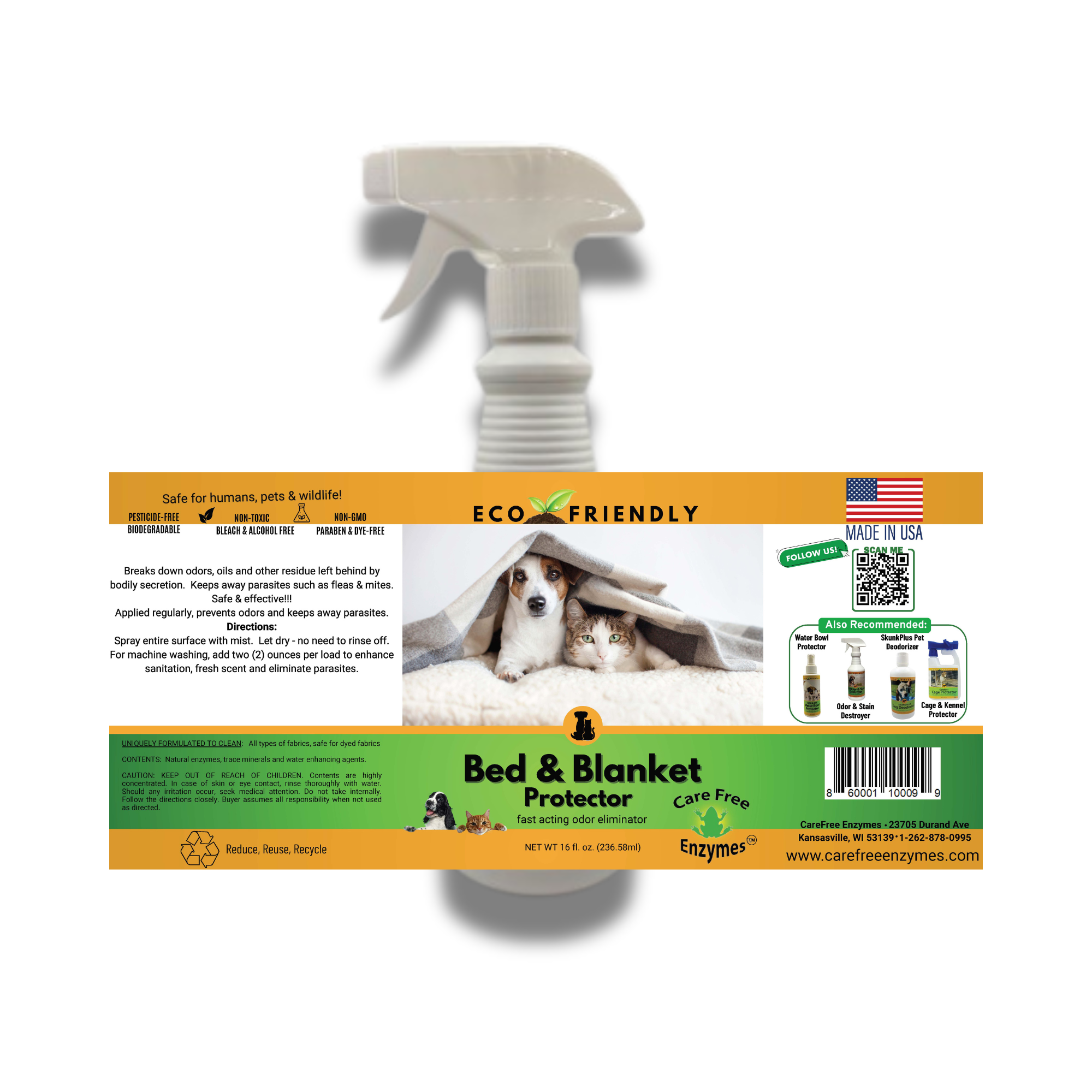 Pet Odor Eliminator for Beds & Fabrics | Bed & Blanket Protector Spray | 4 oz & 16 oz