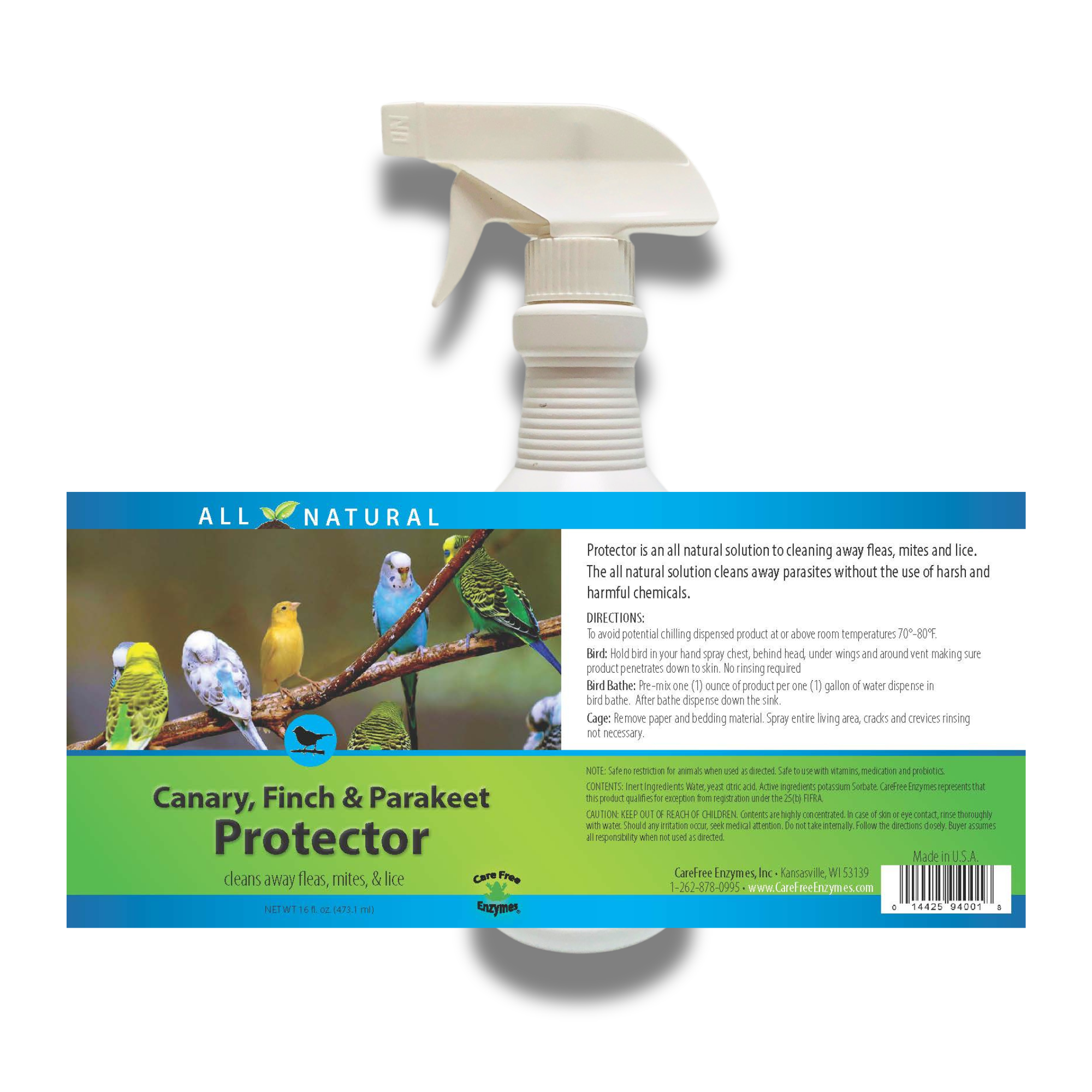 Safe Mite & Parasite Spray for Cage Birds | For Canaries, Finches & Parakeets | 16 oz