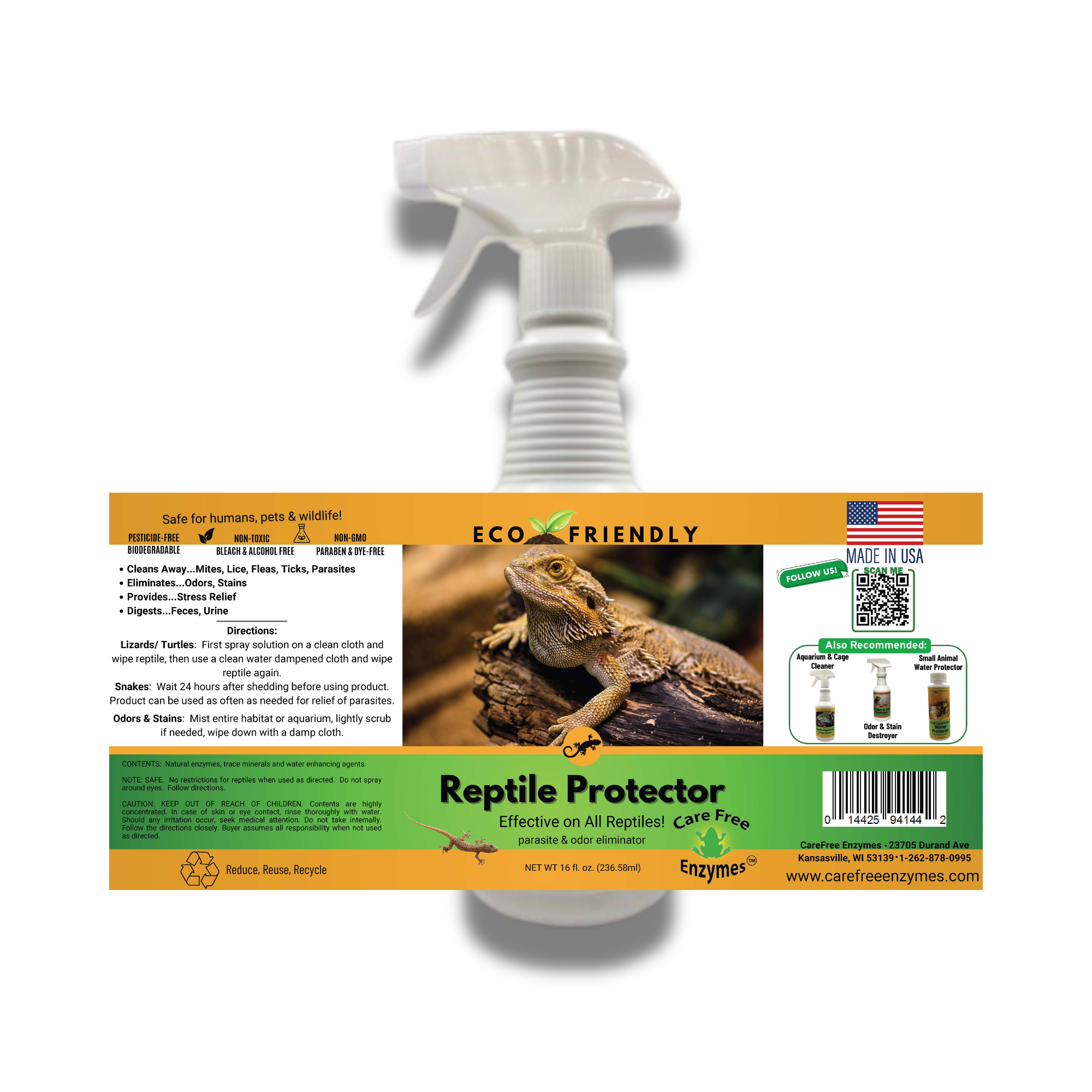 Reptile Mite & Parasite Spray | Safe for Snakes, Lizards & Terrariums | 8 oz & 16 oz
