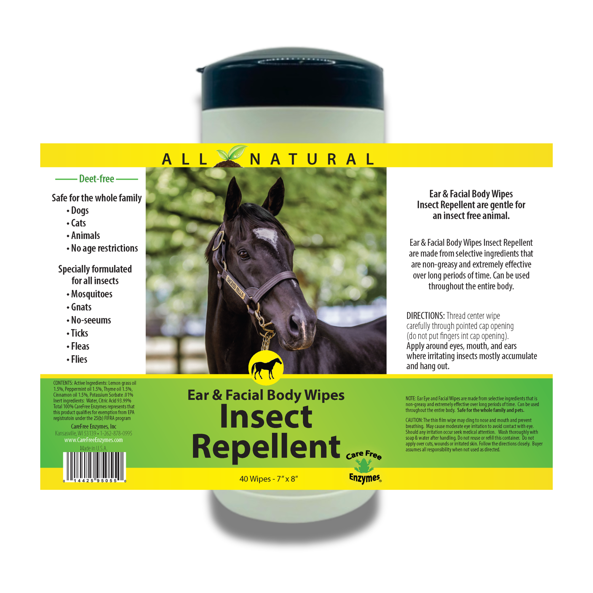 Equine Insect Repellent Wipes for Face & Body | Horse Insect & Fly Wipes | 40 Count
