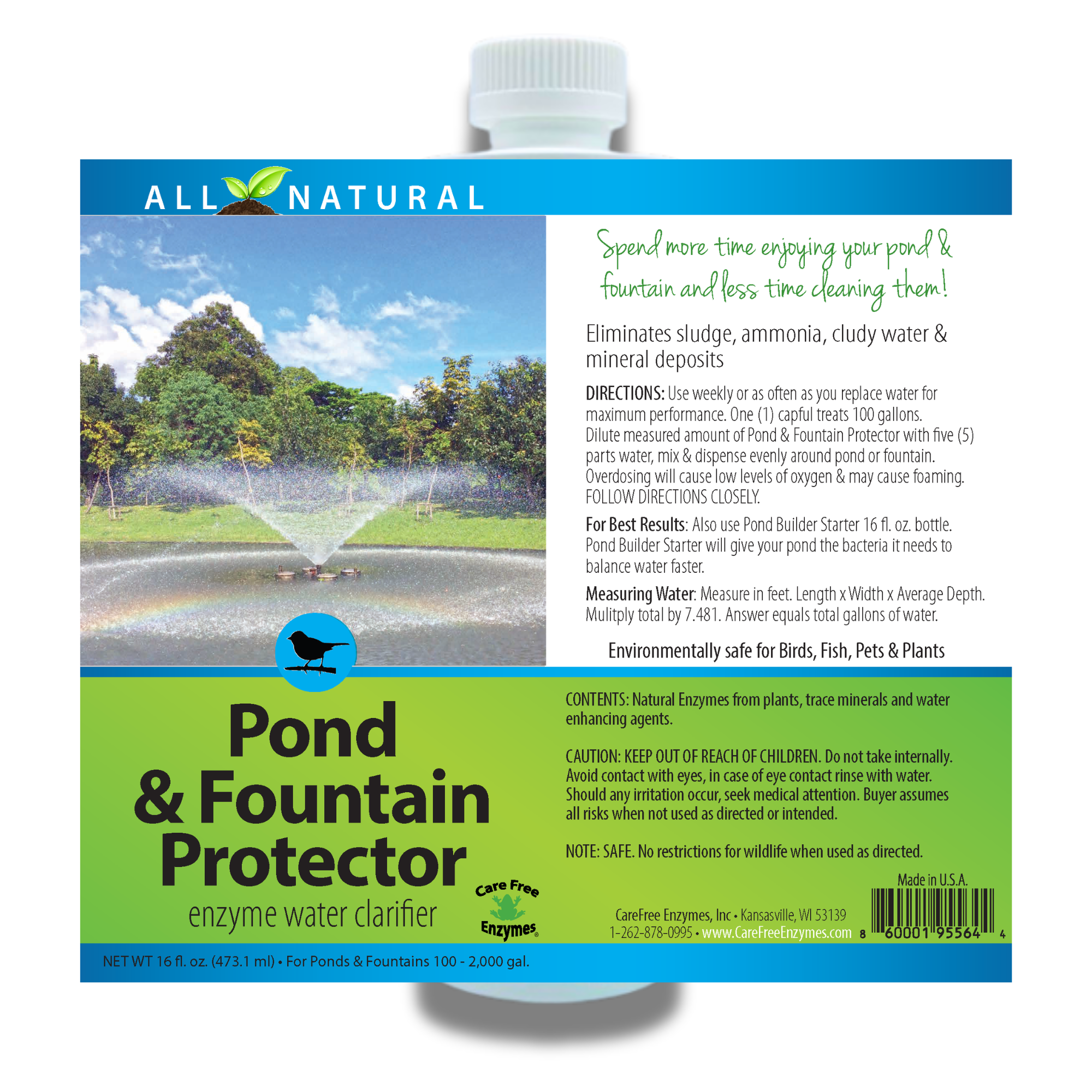 Natural Pond & Fountain Water Treatment | Keeps Water Clear & Clean | 16 oz