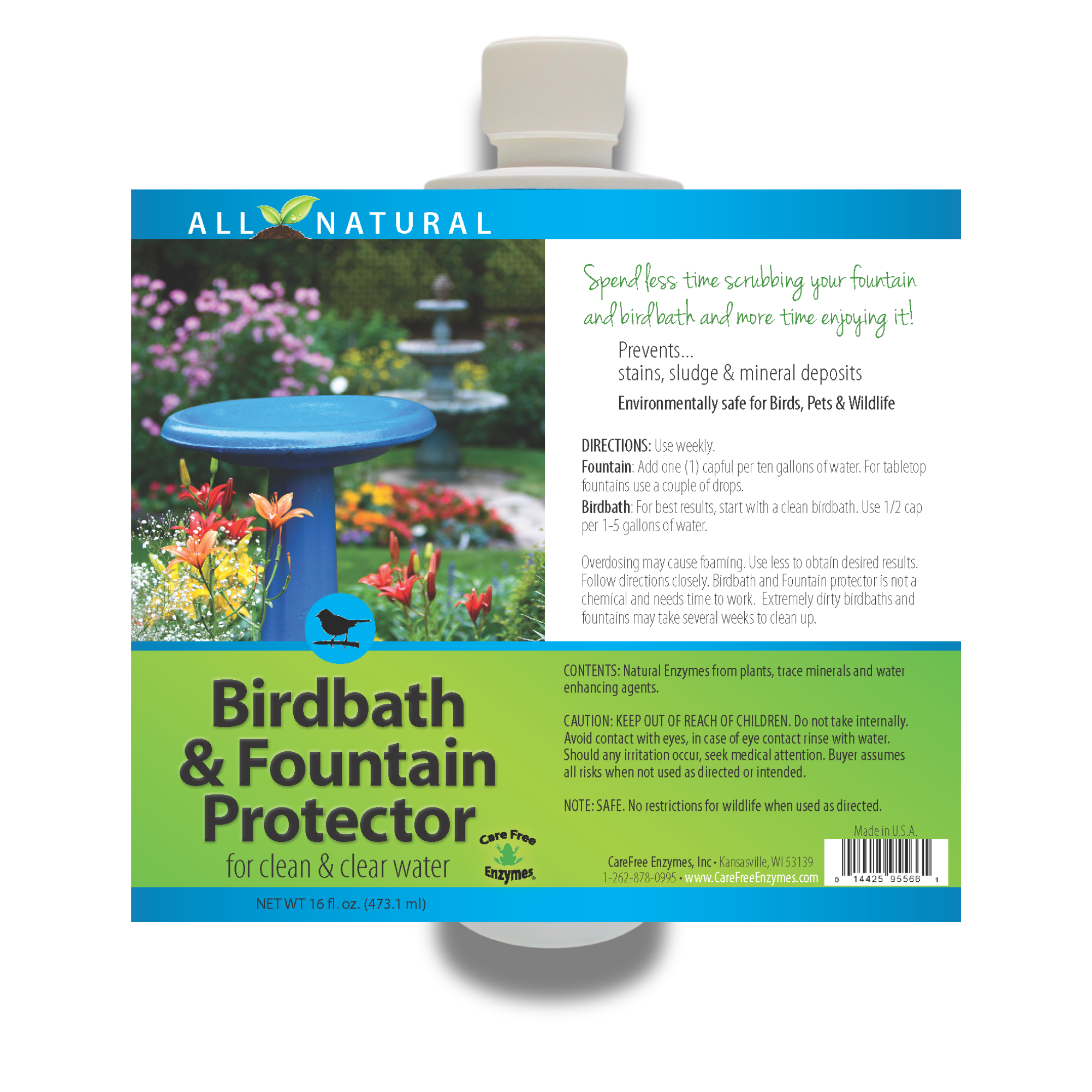Natural Bird Bath & Fountain Protector | Keeps Water Clear & Slime-Free | 8 oz & 16 oz