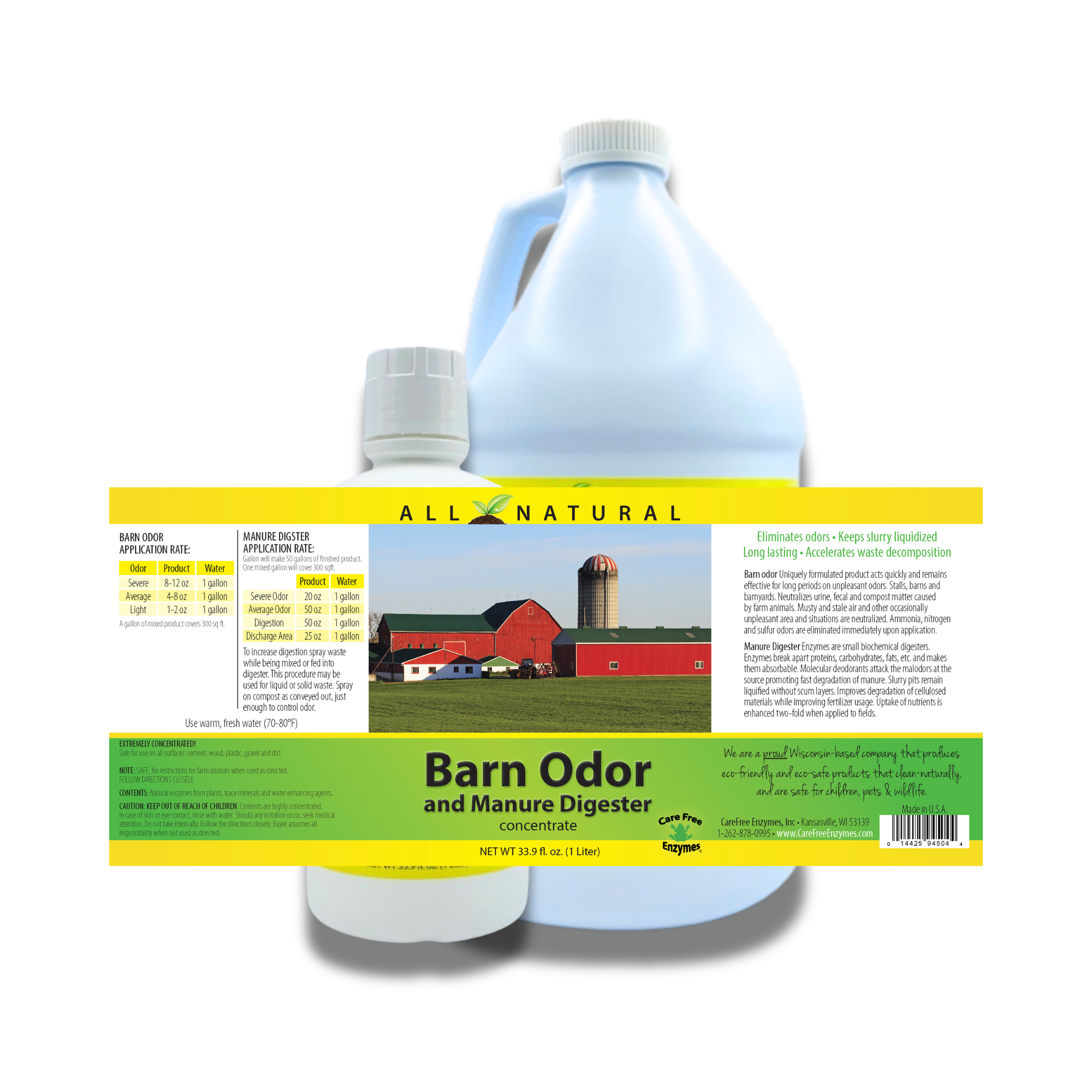 Concentrated Barn Deodorizer & Manure Digester | Ammonia Control for Livestock Stalls | 33.9 oz & 1 Gallon