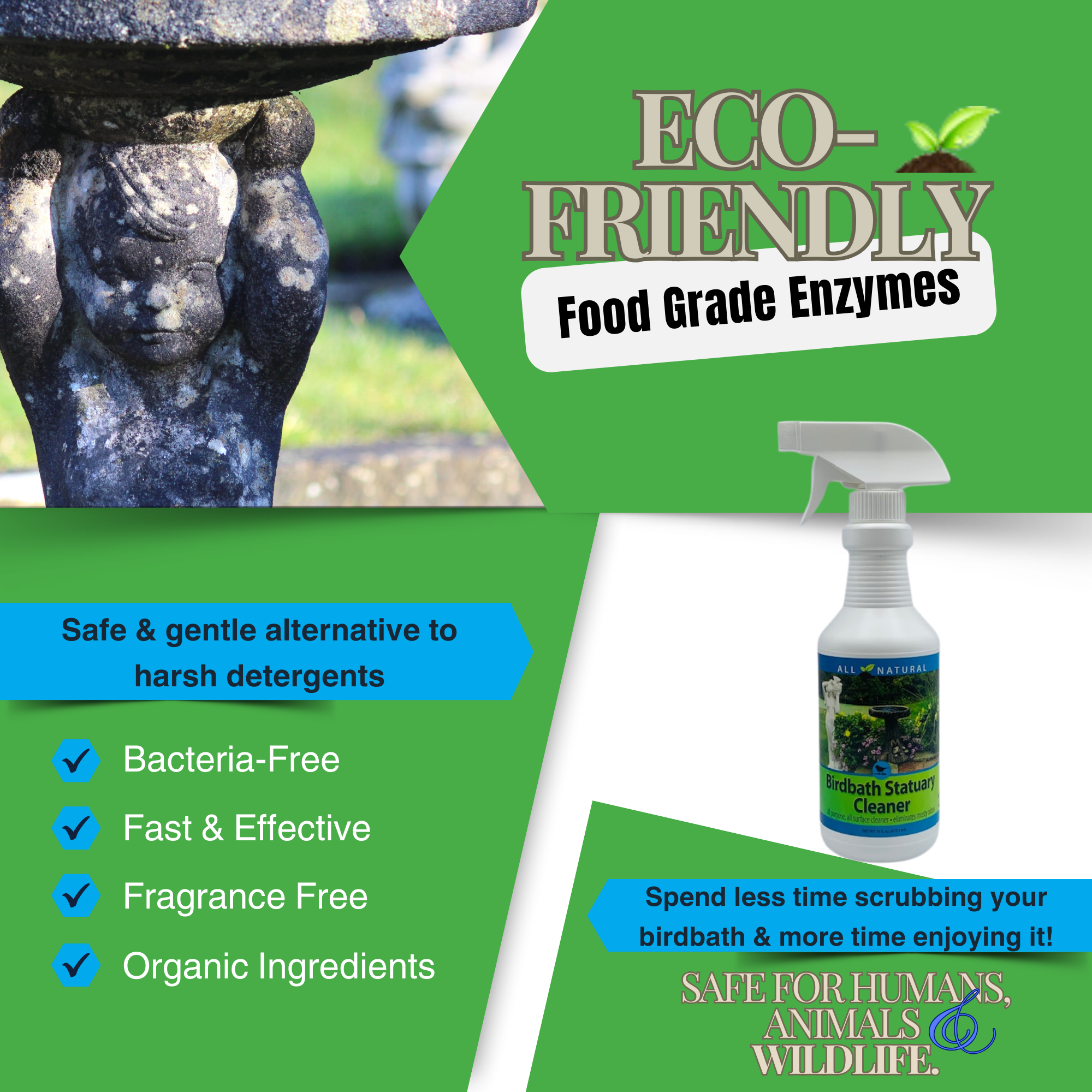 Outdoor Birdbath & Statuary Cleaner Spray | Removes Stains from Concrete, Stone & Resin | 16 oz