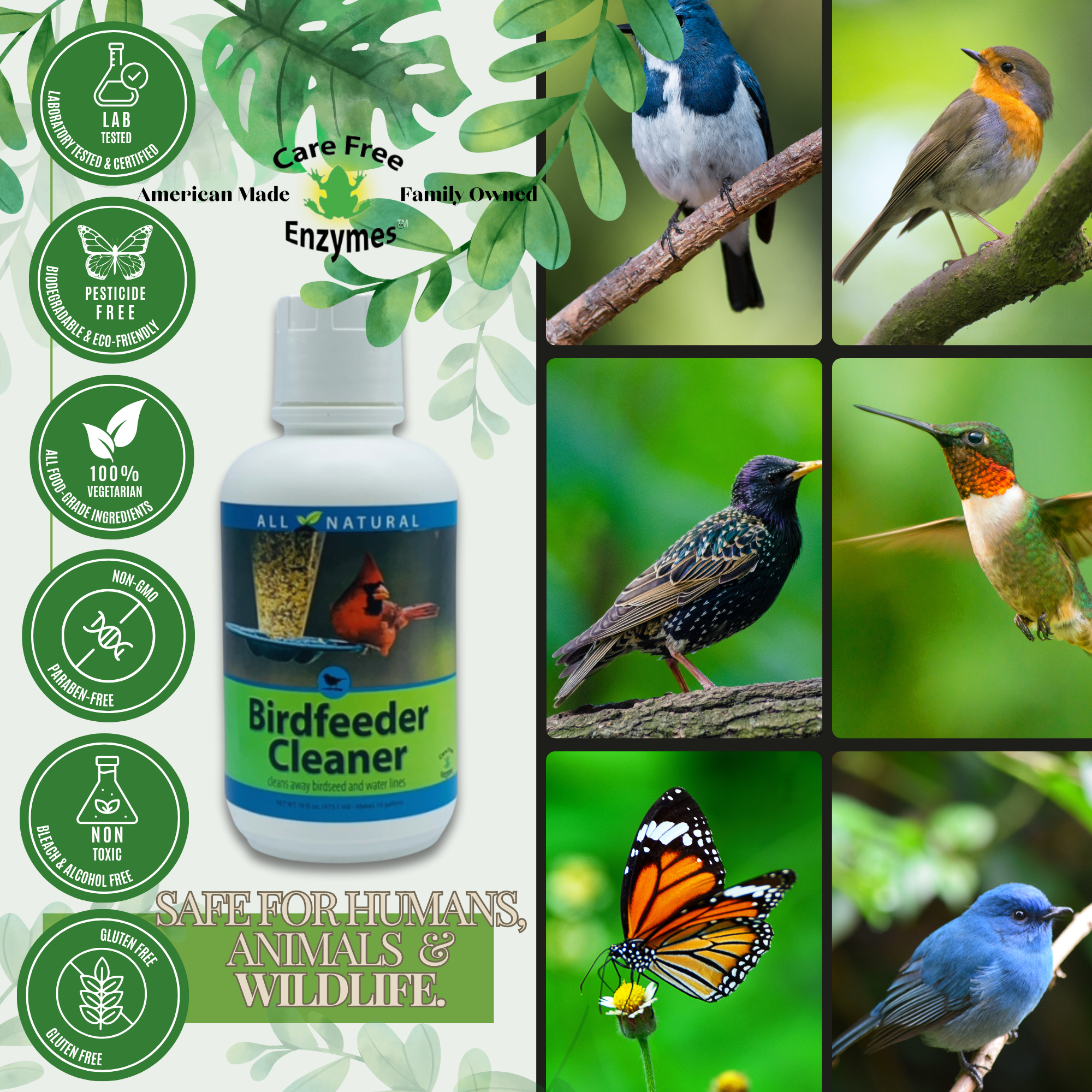 All-Natural Bird Feeder Cleaner & Protector | CareFree Enzymes Birdfeeder Cleaner | 16 oz & 33.9 oz