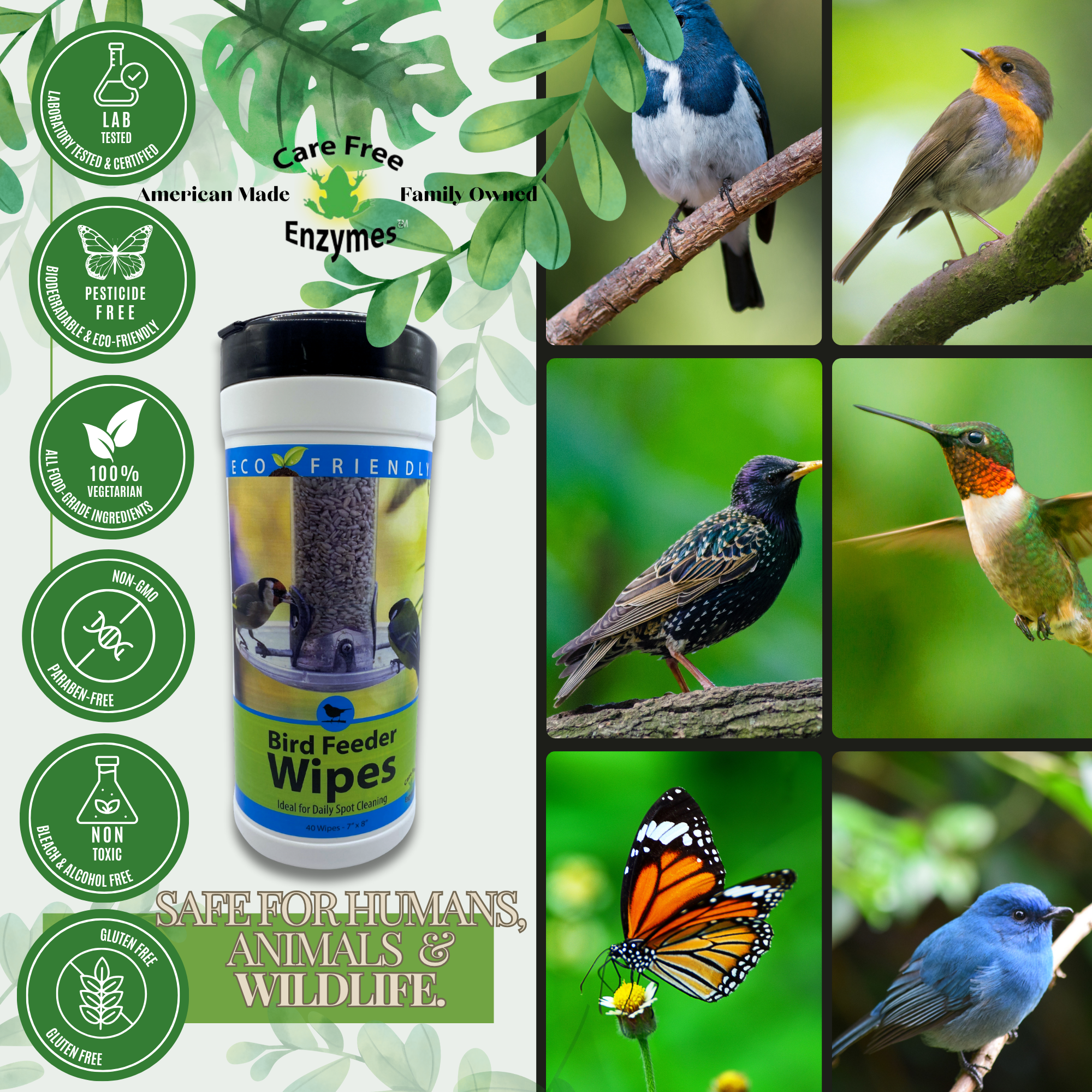 Natural Bird Feeder Cleaning Wipes | Safe & Convenient | Birdfeeder Wipes | 40 Count