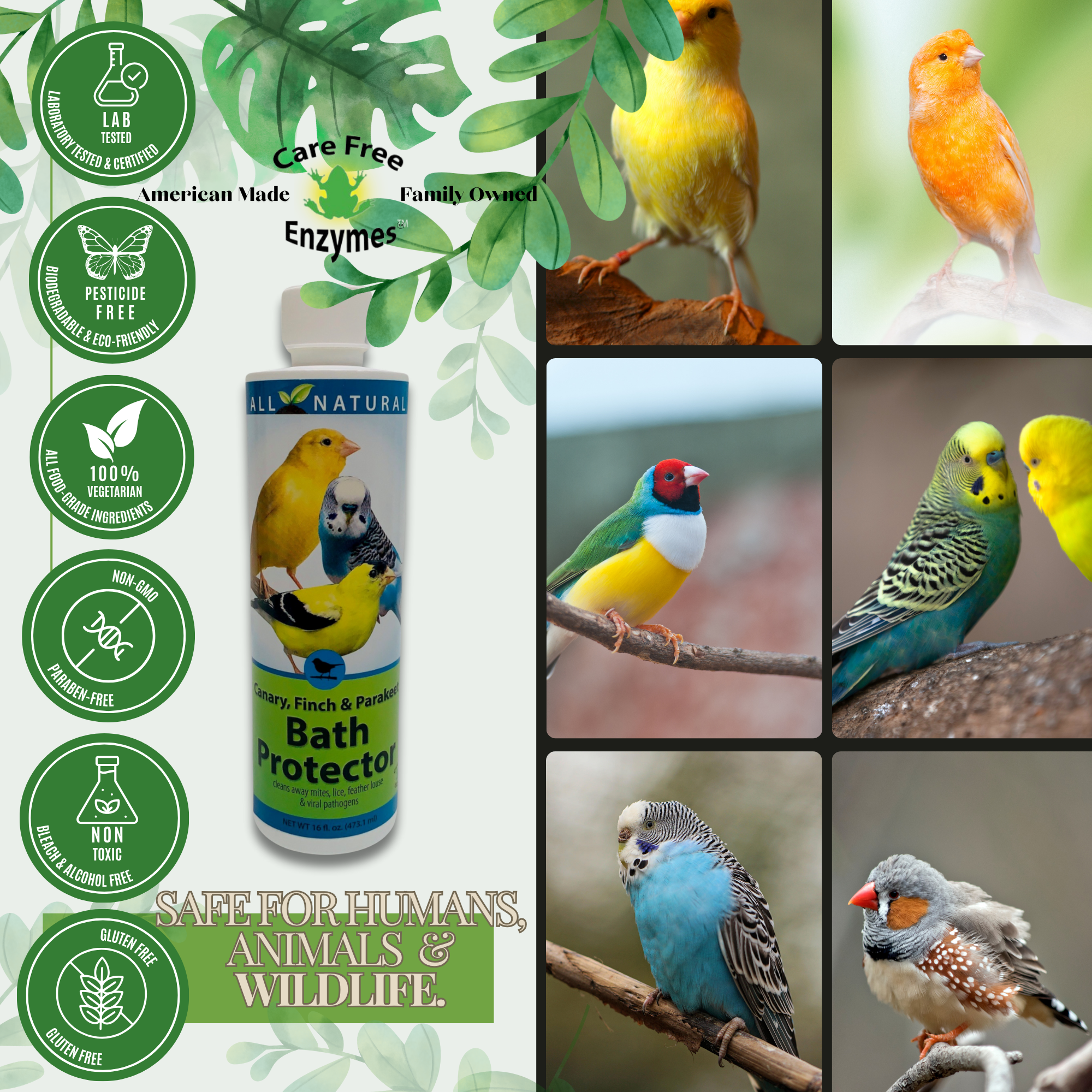 Pet Bird Bath Water Protector | For Canaries, Finches & Parakeets | 16 oz & 33.9 oz