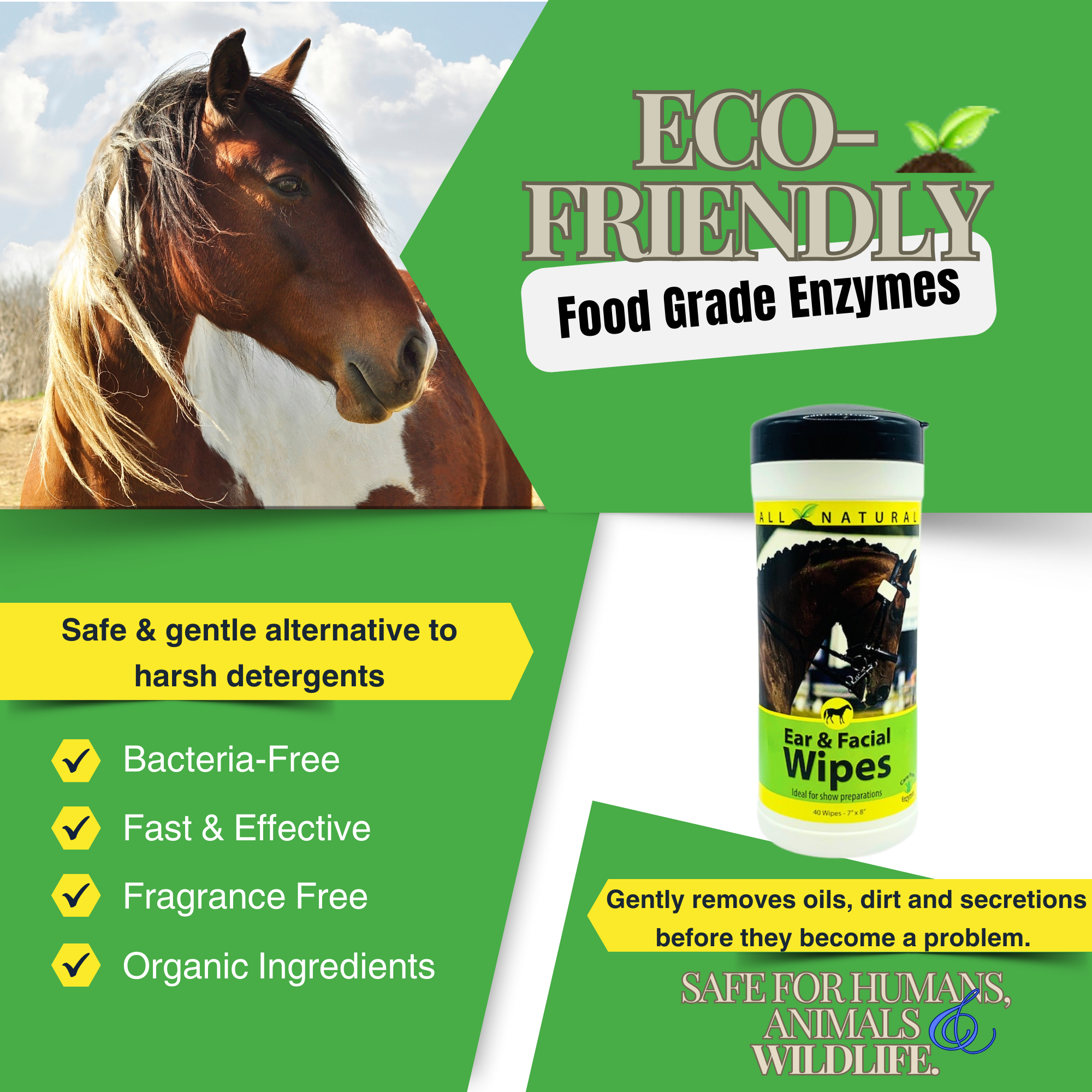 Gentle Equine Face & Ear Wipes | Cleans Sweat & Dirt | Horse Facial & Ear Wipes | 40 Count