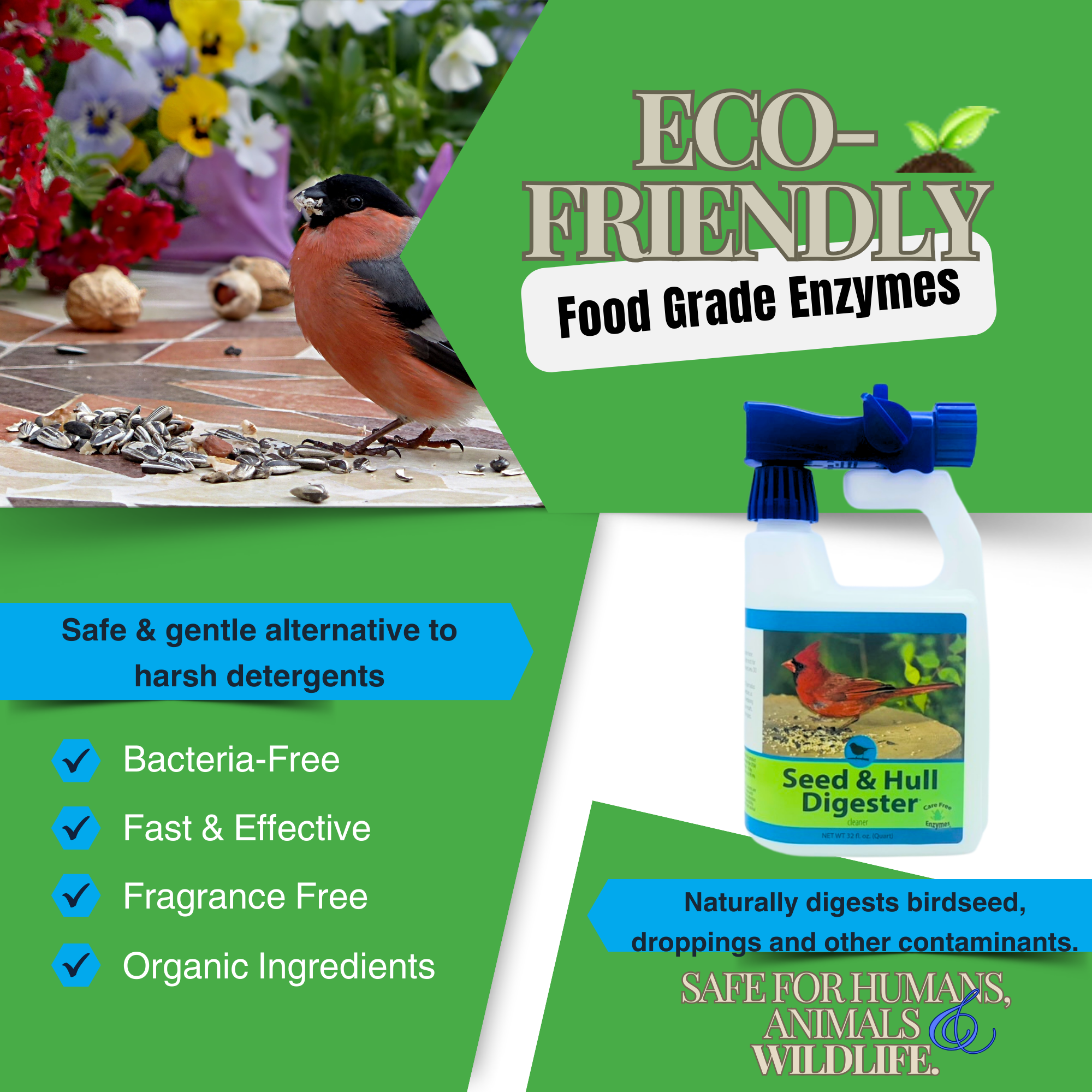 Bird Seed Hull & Waste Digester | Natural Cleaner for Under Feeders | 32 oz & 33.9 oz